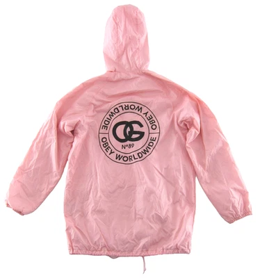 OBEY Worldwide Pink Black Snap Button Hooded Nylon Windbreaker Jacket Women S - Image 1 of 4