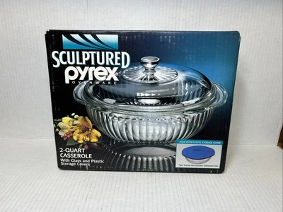 Vtg Sculptured Pyrex 2 Qt Casserole Dish Glass & Plastic Covers New In Box 1991 - Image 1 of 4