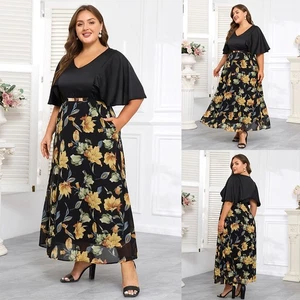 UK Womens Plus Size Floral V Neck Maxi Dress Pockets Holiday Evening Sundress - Picture 1 of 20