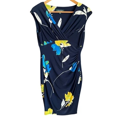 EUC Lauren Ralph Lauren цветочный платье синий желтый собранными в Рюш вечеринки бизнес размер 6P - Изображение 1 из 4