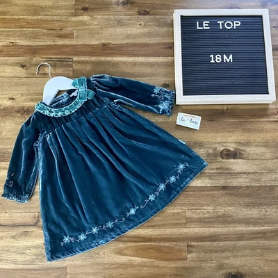 Nuevo con etiquetas Vestido Le Top Terciopelo Verde Teal Cuentas Manga Larga 18M *LEER* Foto 1 de 4