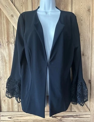 BOSTON PROPER Blazer Women’s Black Lace Crochet Sleeve End Jacket Size Large - Image 1 of 4