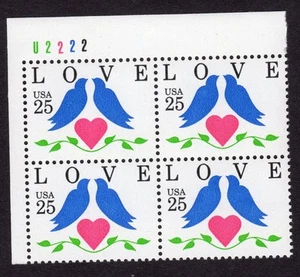 Scott #2440 Love Birds Platte Block mit 4 Briefmarken - postfrisch P#U2222 UL - Bild 1 von 1