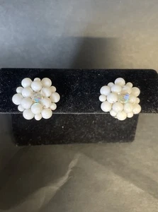 Vintage AB rhinestone faux white pearl cluster clip on signed JAPAN earrings - Picture 1 of 4