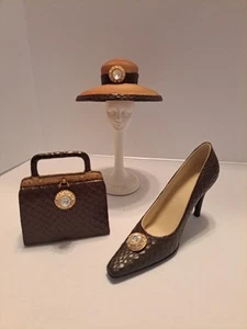 Classic Couture First Lady Brown Collection Shoe Purse Hat & Stand Awesome - Picture 1 of 12
