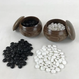 Japanese Go Stone Goishi Game Pieces Vtg Igo Brown Wooden Bowls Glass GO91 - Picture 1 of 12