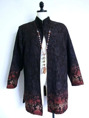 Coldwater Creek Otoño Otoño Hojas Brocado Abierto Chaqueta Larga Plumero M Petite MP Foto 1 de 4