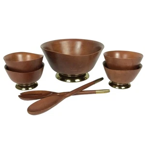 Mid Century Kromex Wood & Brass Salad Bowl Set With Utensils - Picture 1 of 10