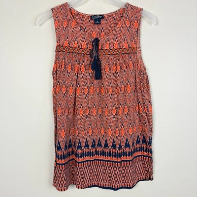 Lucky Brand Top Womens Medium Aztec Orange Blue Sleeveless Tassel Boho Shirt - Image 1 of 4