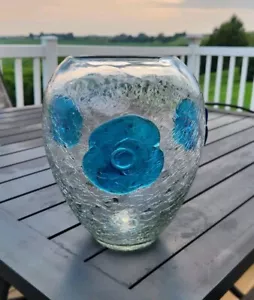 Blenko Clear Crackle Glass Vase Turquoise Blue Wild Rose 9”Applied Rosettes 423s - Picture 1 of 12