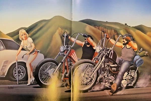 David Mann Poster Motorcycle Riders Stopping to help Sexy Girl With Flat Tire - Picture 1 of 1