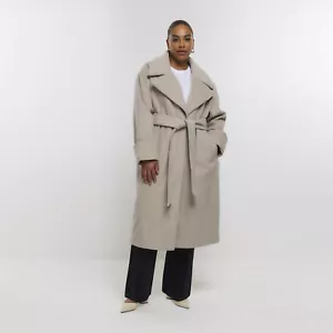 River Island Womens Coat Plus Beige Belted Robe Notched Lapels Outerwear Top - Picture 1 of 7