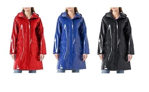 Women Glossy Hooded Vinyl Raincoat Parks Waterproof Stylish Long Jacket - Picture 1 of 15