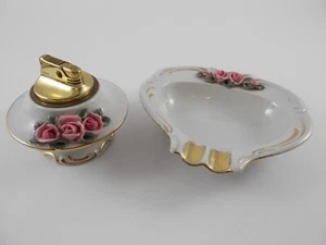 Vintage Dresden ash tray with matching brass lighter applied roses gilt trim - Picture 1 of 12