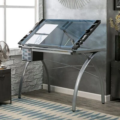 Futura Crafting Drafting Drawing Table Desk Adjustable Top Silver/Blue Glass  - Image 1 of 4