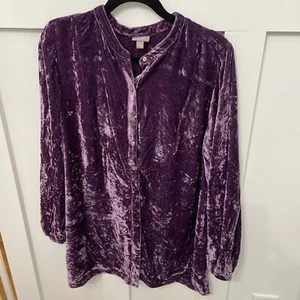 J.Jill Large Silk Blend Crushed Velour Tunic Top Purple Plum Button Down Shirt - Picture 1 of 7