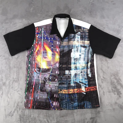 Vintage Anchor Blue Polyester Camp Shirt Mens Large L Fire Flames  Button Y2K - Image 1 of 4