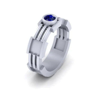 Created Blue Sapphire Mens Wedding Band Sterling Silver Robotic Style Jewelry - Image 1 of 4
