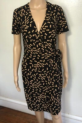 Vestido ANNE KLEIN Talla 8 Manga Corta Negro Lunares Sobrepelliz Imitación Envolvente Funda Foto 1 de 4