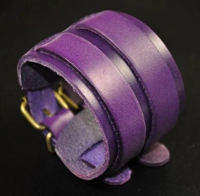 经典复古男式双层宽皮革手链腕带袖口紫色 — 第 1/4 张图片