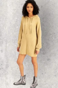 Vestido suéter con capucha punto acanalado Sugar Moon para mujer talla mediana caqui marrón tostado - Imagen 1 de 5