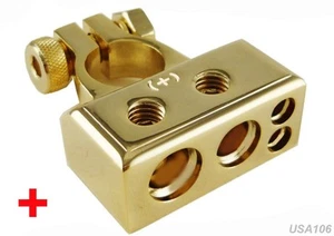 us seller NEW GOLD POSITIVE BATTERY TERMINAL CONNECTOR 0-4-8 GAUGE AWG P+ 12VOLT - Picture 1 of 9