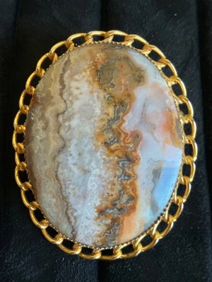 DE COLECCIÓN BROCHE OVALADO DE ÁGATA DE ENCAJE LOCO TONO DORADO JOYAS DE PIEDRAS PRECIOSAS NATURALES Foto 1 de 4