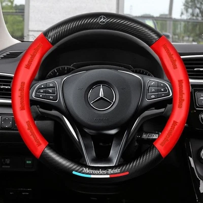 Genuine Leather+Carbon Fiber 15" Car Steering Wheel Cover  For Mercedes Benz Red - Изображение 1 из 3