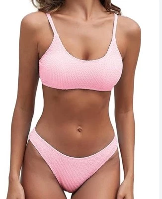 Женские ребристые бикини наборы декольте нахальный купальник текстурированный розовый два изделия M - Изображение 1 из 4
