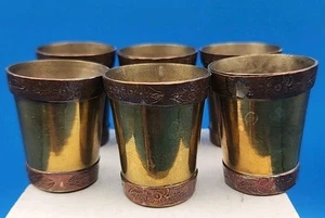 Vintage Set Of (6) 1-3/4" Brass And Copper Shot Glassesw Stamped Edges Very Cool - Picture 1 of 9