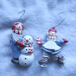 2 Patines Vintage Kurt Adler Raggedy Ann Andy Muñeco de Nieve Adorno de Navidad Look NUEVO - Imagen 1 de 7