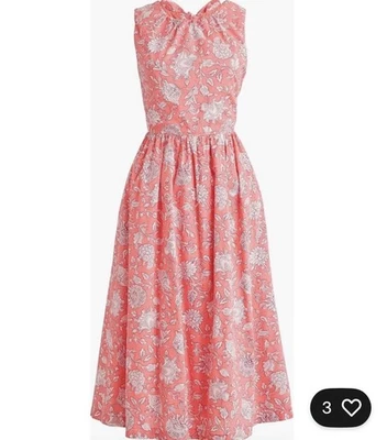 J Crew Sz 18 Vivid Coral Floral Tie Neck MIDI Dress Cotton Fit Flare - Image 1 of 4