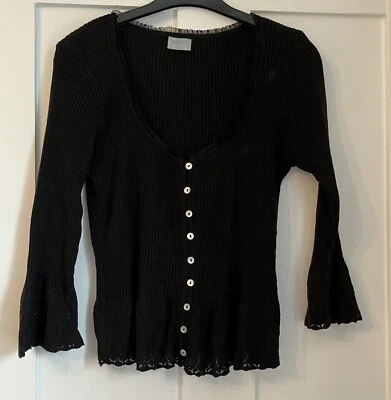 Oasis Boho Flared Sleeve Crochet Frill Black Cardigan, Size 10 - Image 1 of 4