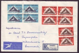 d8037/ South Africa Springs Registered 4-Block FDC Airmail Cover t/Denmark 1953 - Picture 1 of 2