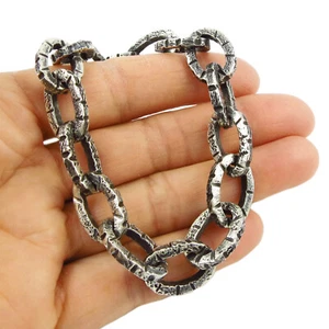 Brutalist Sterling Silver Bracelet Solid 925 Battered Oval Curb Chain Link - Picture 1 of 7