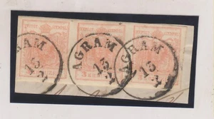 AUSTRIA, CROACIA 3 Kreuzer tira de 3 AGRAMS ZAGREB bonito certificado de cancelación GOLLER - Imagen 1 de 2