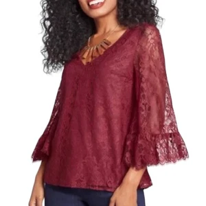 Modcloth V Neck Lace 3/4 Bell Sleeve Top Blouse Red Women Size M - Picture 1 of 8