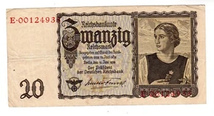 Deutschland GERMANY BANKNOTE 20 Reichsmark 1939 P185 REICH 2 KREUZE HAKENKREUZ GUTER ZUSTAND - Bild 1 von 2