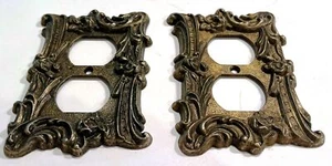 Lot 2 Vintage SA M.C. CO 60D Metal Ormolu Brass Rose Double Outlet Switch Plate - Picture 1 of 4