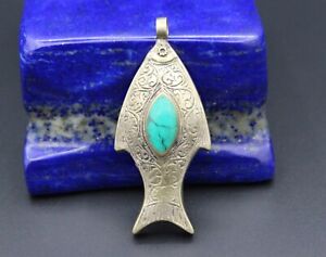 Turkmen Pendant, Animal Pendant, Malachite Stone Fish Pendant, Afghan Jewelry