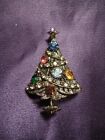 Hollycraft Vintage Gold Tone Christmas Tree on Stand w/ Colorful Rhinestone