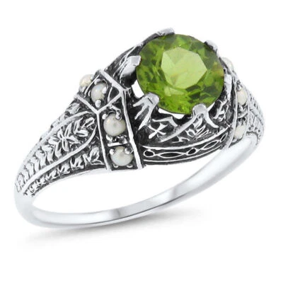 GENUINE PERIDOT & SEED PEARL VICTORIAN DESIGN 925 STERLING SILVER RING      552X - Image 1 of 4