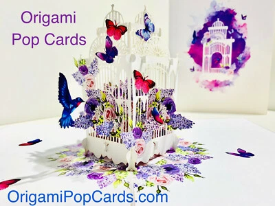 Hummingbird Butterfly Roses Bird Cage Handmade Pop Up Greeting Card Mother's Day - Image 1 of 4