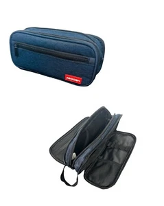 TRIPLE POCKET LARGE 3 ZIPPED COMPARTMENT BLUE PENCIL CASE STATIONARY HOLDER - Picture 1 of 3