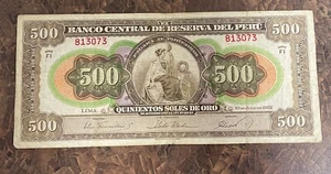 Peru 500 Soles De Oro, 1952 Serie F1 P-74 Liberty Lady Banknote - Picture 1 of 7