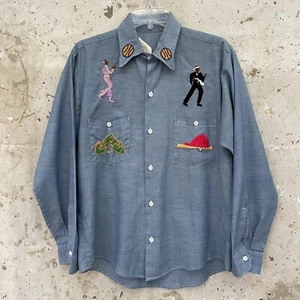 Vintage 70’s Chambray Shirt With Athletic Embroidery Men’s Medium Large - Picture 1 of 5