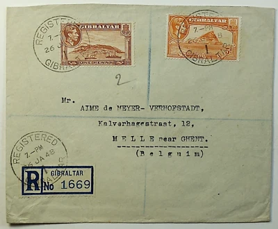 1948 Gibraltar Europa Point Registered Airmail Cover to Melie Near Ghent Belgium Foto 1 de 2