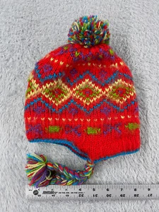 Andes Gifts Beanie Toque Youth OS Red Geometric Knit Alpaca Blend Tassel Pom Ski - Picture 1 of 8