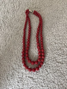 Vintage Red Beaded Necklace & Silver Clasp Double Strand Choker - Picture 1 of 1