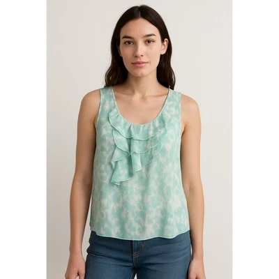 Halogen 100% Silk Ruffle Blouse Womens M Sleeveless Aqua Blue Abstract Print Top - Image 1 of 4